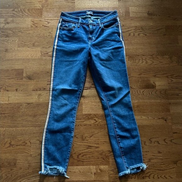 Abercrombie Harper Low Rise Ankle Jeans Denim 26 2R Blue Tan Gold Stripe Raw hem - Picture 3 of 7